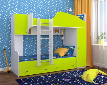 Детская 2-этажная кровать Ярофф Юниор-2, каркас Белое дерево, фасад Лайм в Воронеже