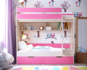 Двухэтажная детская кровать Ярофф Юниор-5, каркас Дуб, фасад Розовый в Воронеже