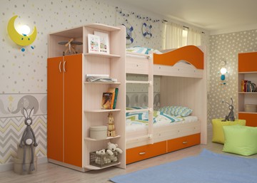 Детская двухэтажная кровать Мая на щитах со шкафом и ящиками, корпус Млечный дуб, фасад Оранжевый в Воронеже