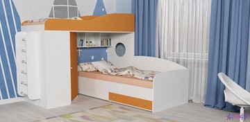 Детская кровать-шкаф Кадет-2 с металлической лестницей, корпус Белое дерево, фасад Оранжевый в Воронеже