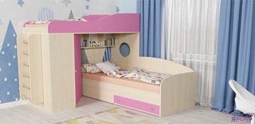 Детская кровать-шкаф Кадет-2 с металлической лестницей, корпус Дуб, фасад Розовый в Воронеже