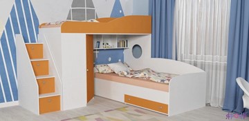Детская кровать-чердак Кадет-2 с универсальной лестницей, корпус Белое дерево, фасад Оранжевый в Воронеже