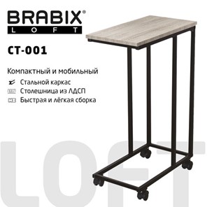 Столик журнальный BRABIX "LOFT CT-001", 450х250х680 мм, на колёсах, металлический каркас, цвет дуб антик, 641860 в Воронеже