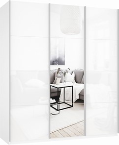 Шкаф трехстворчатый Прайм (Белое стекло/Зеркало/Белое стекло) 2100x570x2300, белый снег в Воронеже