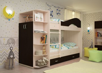 Детская 2-этажная кровать Мая на щитах со шкафом и ящиками, корпус Млечный дуб, фасад Венге в Воронеже