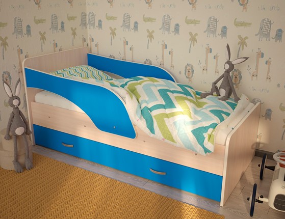 Детская кровать с бортиками Максимка, корпус Млечный дуб, фасад Синий в Воронеже - изображение