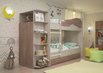 Детская 2-х ярусная кровать Мая на щитах со шкафом и ящиками, корпус Шимо светлый, фасад Шимо темный в Воронеже