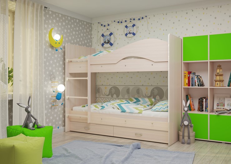 Двухэтажная кровать Мая на щитах со шкафом и ящиками, цвет Млечный дуб в Воронеже - изображение 1