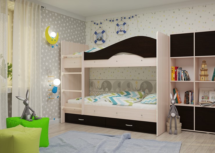 Детская 2-этажная кровать Мая на щитах со шкафом и ящиками, корпус Млечный дуб, фасад Венге в Воронеже - изображение 1