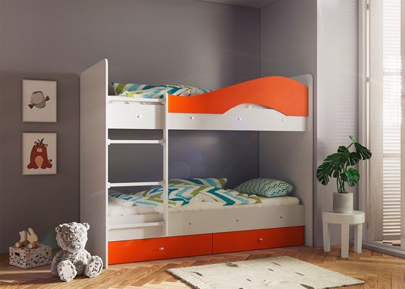 Двухэтажная кровать Мая с 2 ящиками на щитах, корпус Млечный дуб, фасад Оранжевый в Воронеже - изображение