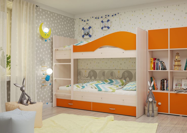 Двухэтажная кровать Мая с 2 ящиками на щитах, корпус Млечный дуб, фасад Оранжевый в Воронеже - изображение 3